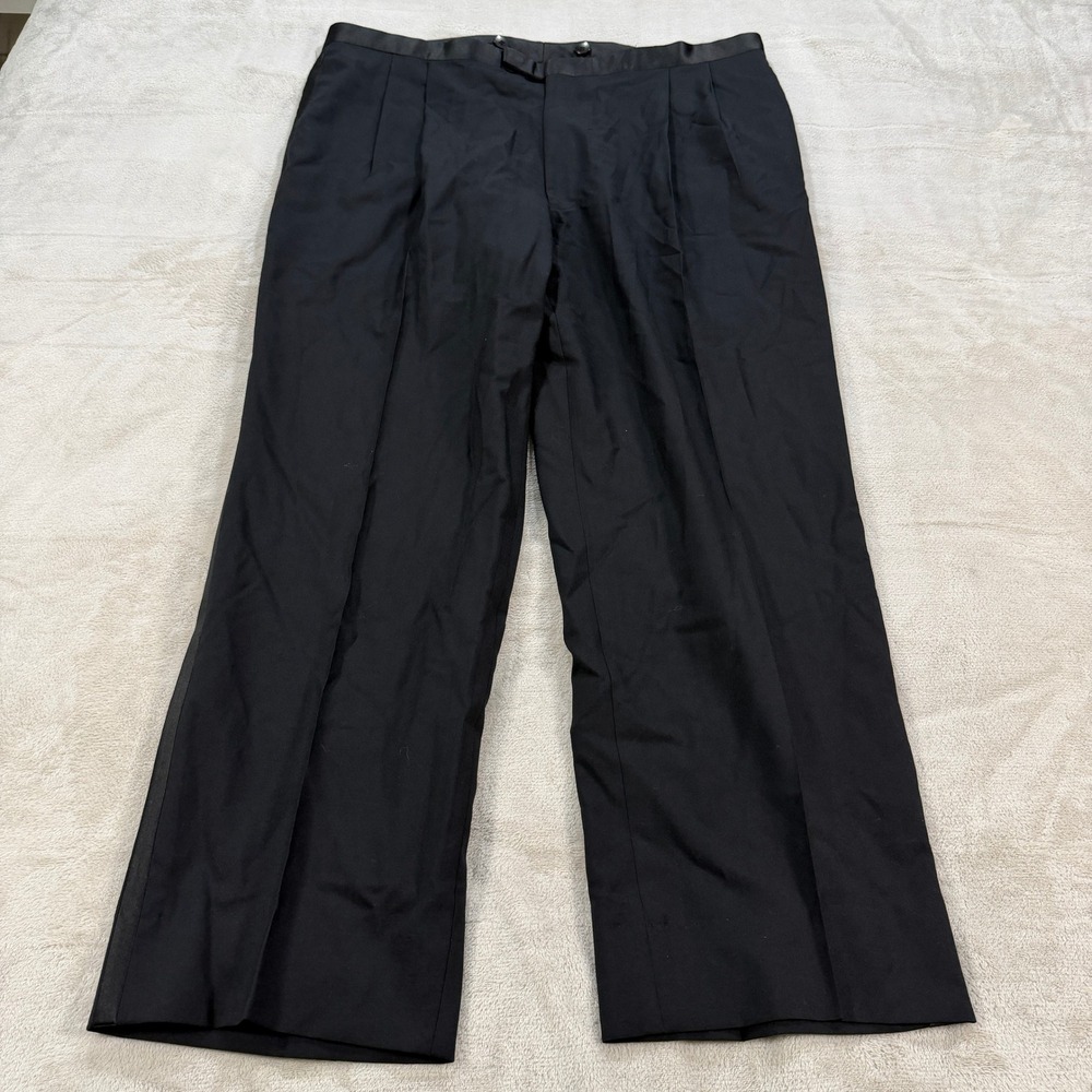 Jos A Bank Mens 40x30 Black Pleated Tuxedo Pants Satin Stripe Wool Formal EUC